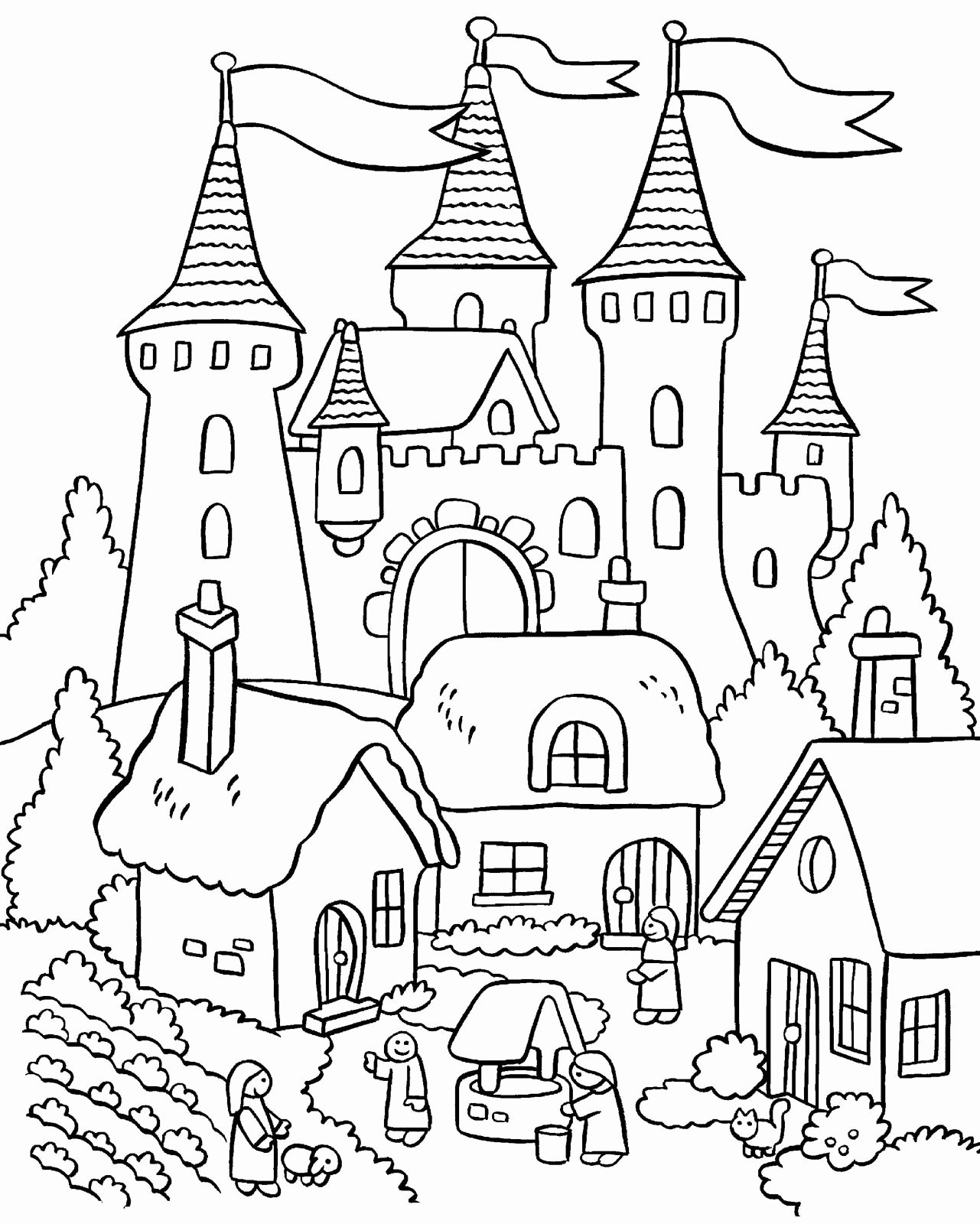 Mẫu tranh tô màu lâu đài và nông thôn