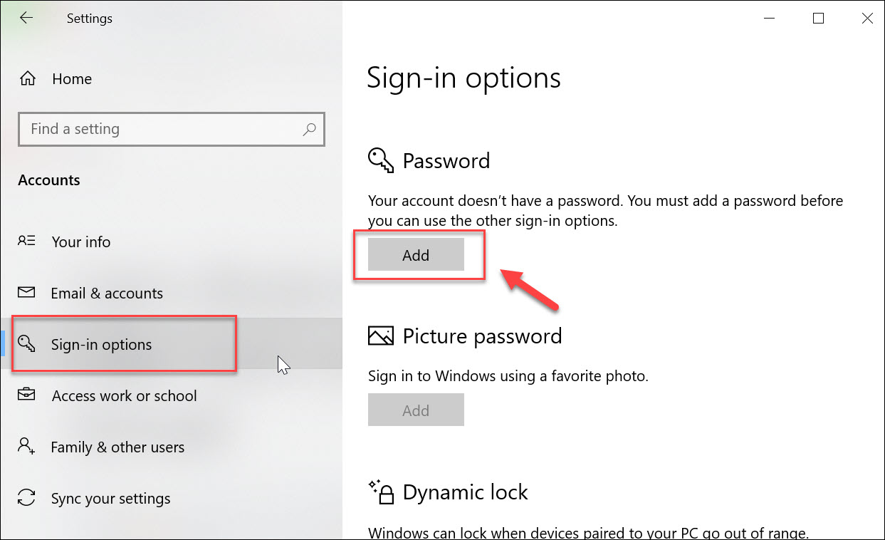 Chọn Add để thiết đặt mật khẩu cho máy tính