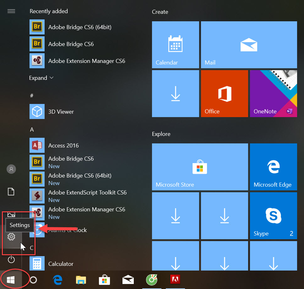 Nhấn vào biểu tượng Menu Start và chọn Settings để mở cài đặt trên Windows 10