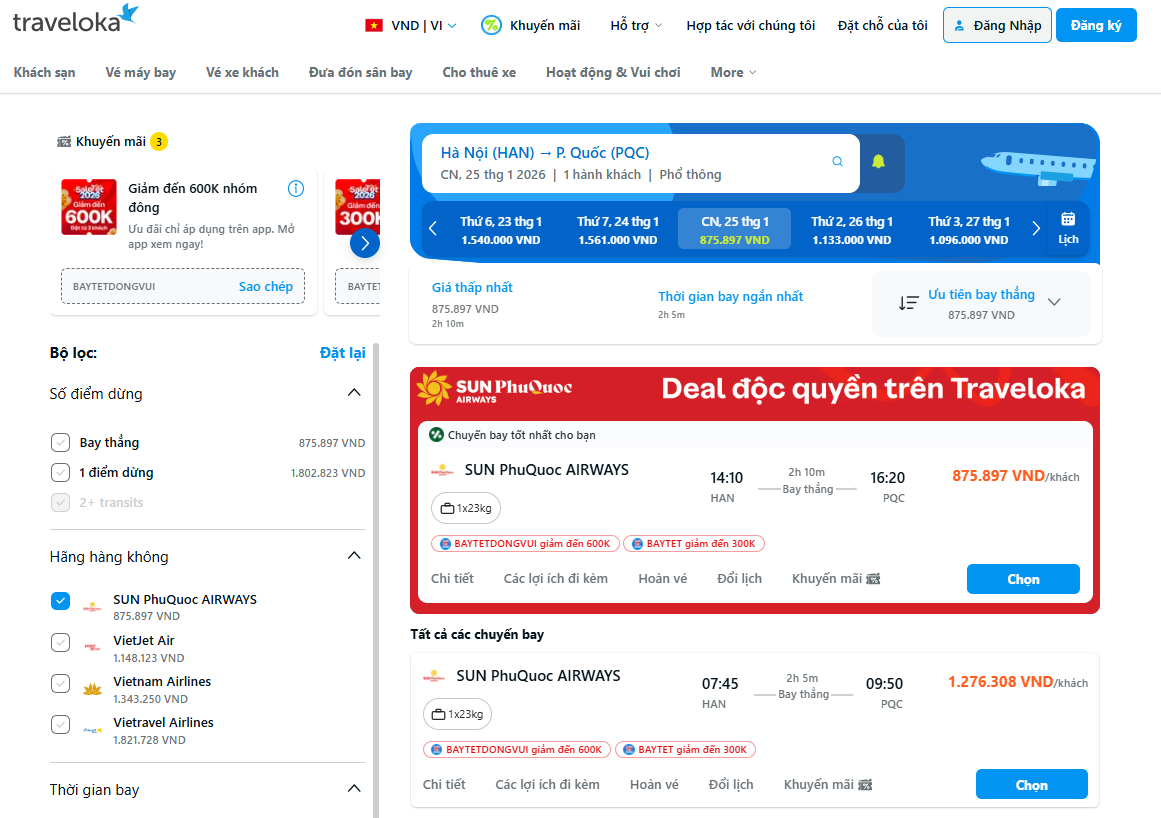 Mẹo săn vé bay Sun PhuQuoc Airways trên Traveloka